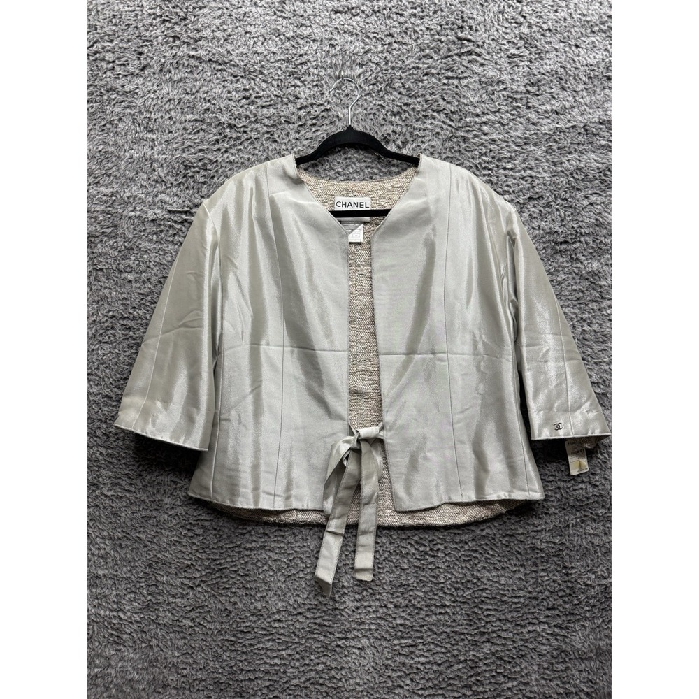 Vintage Chanel 1999 Silver Tweed Jacket Overcoat Size 44